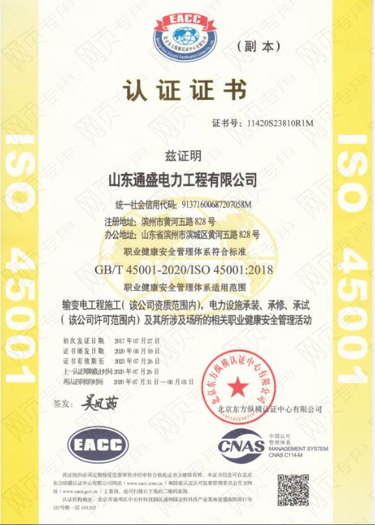 ISO45001 认证证书